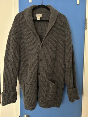 L.L. Bean Men's Charcoal Shawl Collar Rib Knit Cardigan
